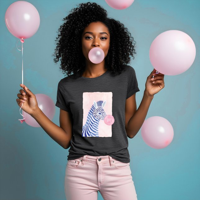 Roligt Watercolor Zebra Blowing Gum Bubble Monogra T Shirt (Fun Watercolor Zebra Blowing Gum Bubble Monogram Tri-Blend Shirt)