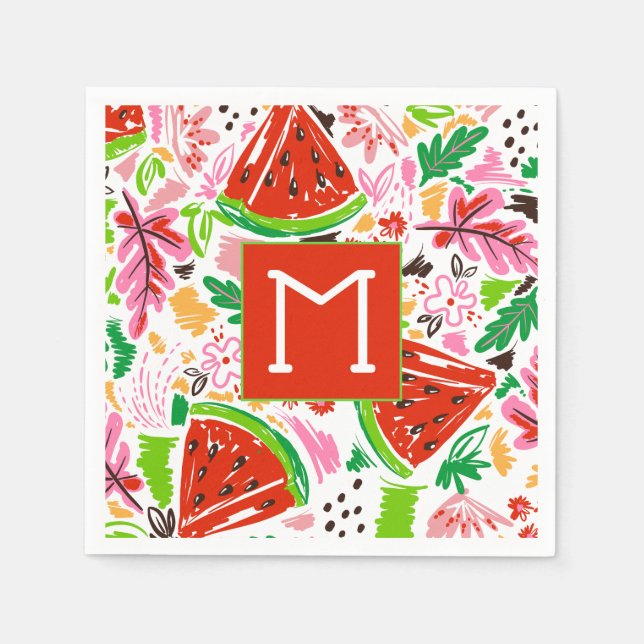 Roligt Watermelon och Blommönster Monogram Pappersservett (Framsidan)