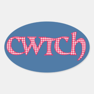 Roligt Welsh Cwtch Stickers: Red Check Gingham Ovalt Klistermärke