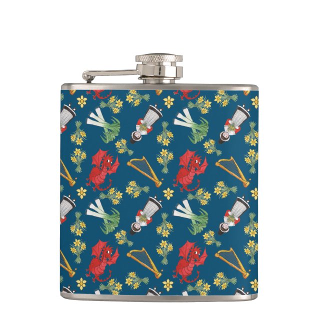 Roligt Welsh Emblems on Blue Hip Flask Fickplunta (Framsidan)