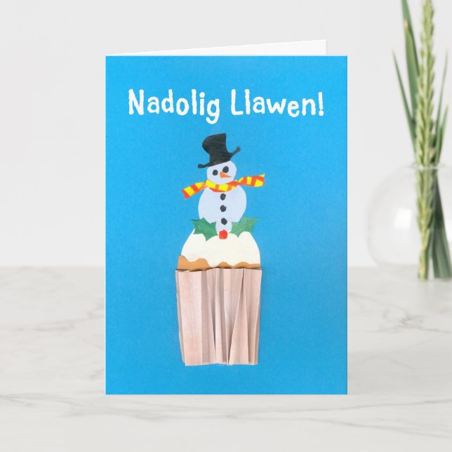 Roligt Welsh jul Card, cuptårta med Snögubbe Helgkort (Framsida)