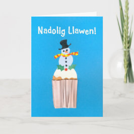 Roligt Welsh jul Card, cuptårta med Snögubbe Helgkort