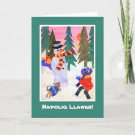 Roligt Welsh Language julcard, Snögubbe Helgkort