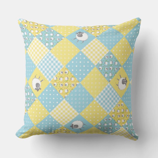 Roligt Welsh Sheep, Faux Patchwork, Pillow eller C Kudde (Framsida)