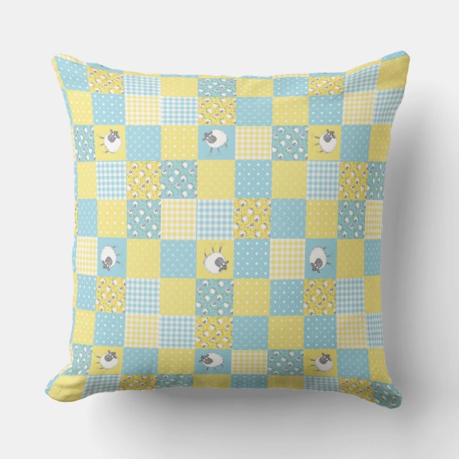 Roligt Welsh Sheep, Faux Patchwork, Pillow eller C Kudde (Framsida)