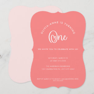 Roligt Whimsic Rosa Heart-skript första födelsedag Inbjudningar