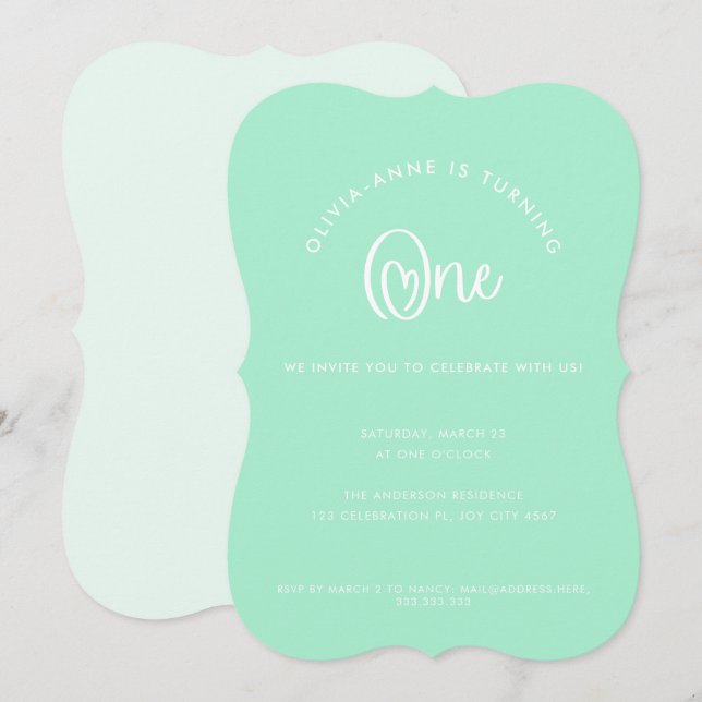 Roligt Whimsical Mint Heart-skript första födelsed Inbjudningar (Fram/baksida)