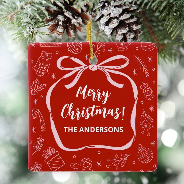 Roligt Whimsique Hand plockade Bow-jul Julgransprydnad Keramik (Personalize this red Merry Christmas bow ornament with your name on the front and photo on the back)