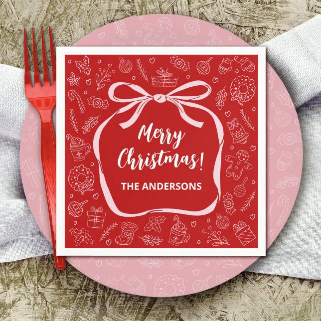 Roligt Whimsique Hand plockade Bow-jul Pappersservett (Personalize this cute Christmas party napkin with your name.)