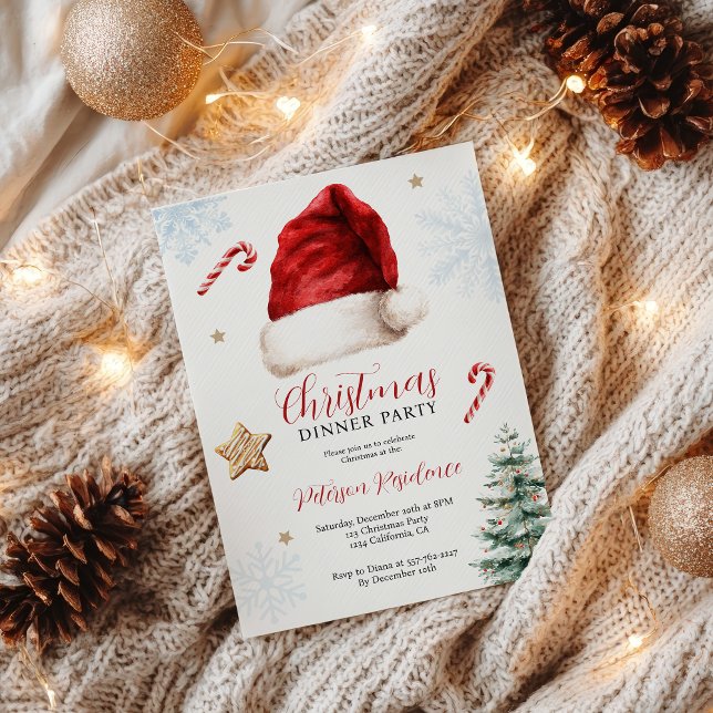 Roligt Whimsique Santa Hat-julmiddag Party Inbjudningar (Fun Whimsical Santa Hat Christmas Dinner Party Invitation)