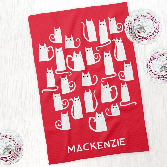 Roligt White Cats Personlig Namn Kökshandduk (Red and white kitty cat festive personalized name kitchen tea towel)