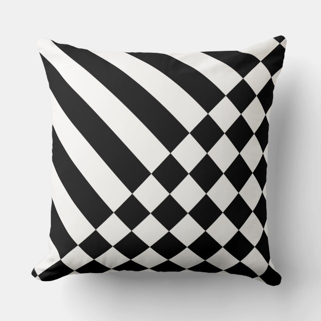 Roligt White Geometric Rand & Checker Black Kudde (Framsida)