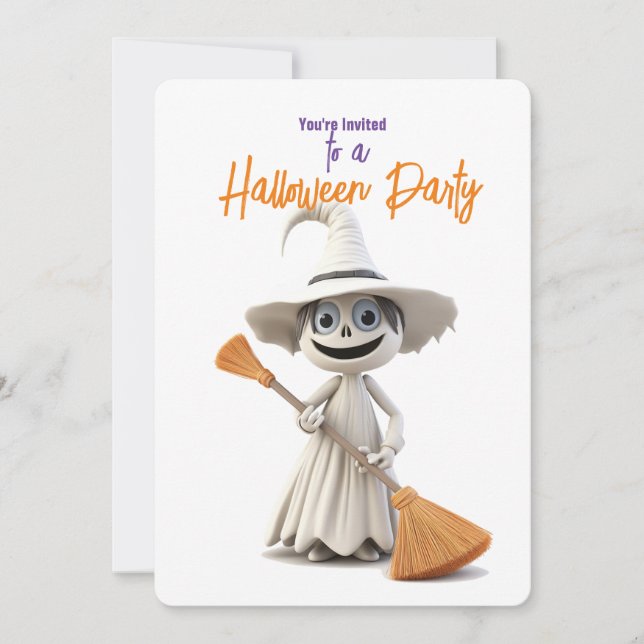 ROLIGT WHITE WITCH WITH BROOM Halloween fest Inbjudningar (Framsida)