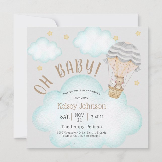 Roligt Woodland Nalle Balloon Baby Shower Inbjudningar (Framsida)