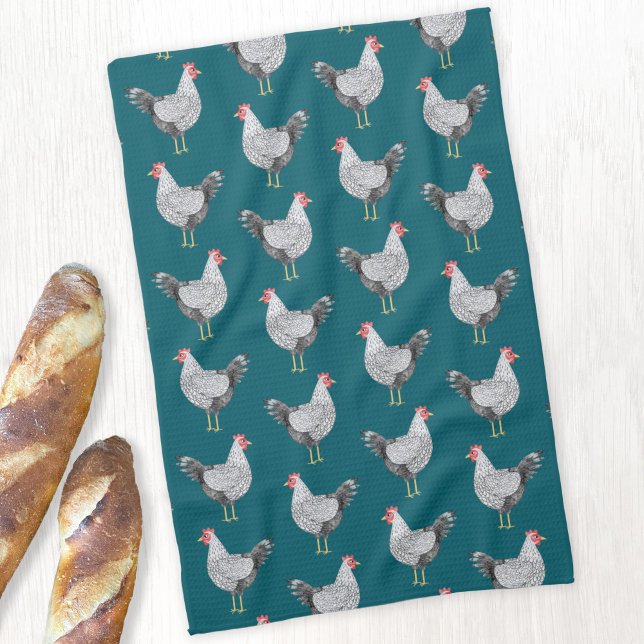Roligt Wyandotte Chicken Hen Watercolor Teal Grönt Kökshandduk (Wyandotte Chicken watercolor hen pattern kitchen tea towel)