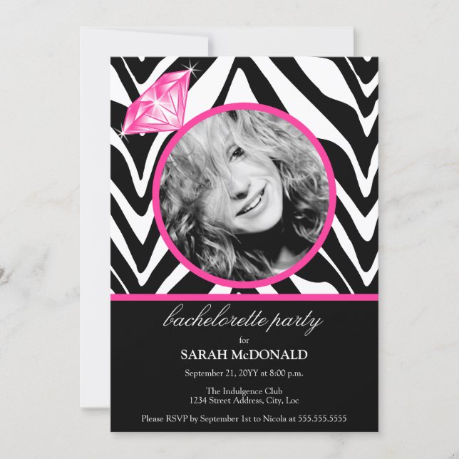 Roligt Zebra tryck & Diamond Photo Bachelorette Pa Inbjudningar (Framsida)