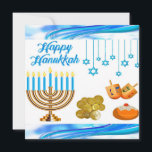 Roligtar Chanukah-kort mynt dreidels menorah Anteckningskort<br><div class="desc">Det här är ett sött Chanukah-kort med en menorah,  guld mynt och drömmar med lycklig färg på vitt. Kortets baksida är söt blått.</div>