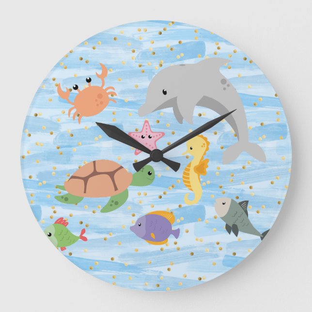 Roligtar Söta havsdjur Delphin turtle starfish Stor Klocka (Framsida)