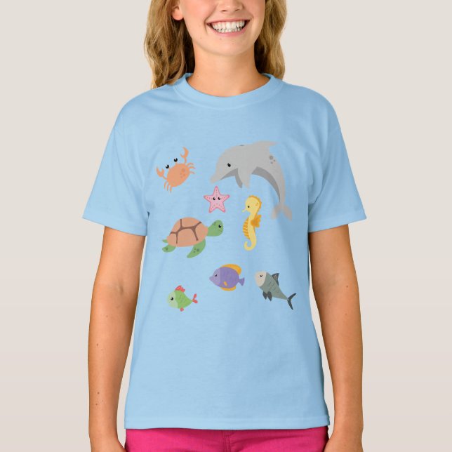 Roligtar Söta havsdjur Delphin turtle starfish T Shirt (Framsida)