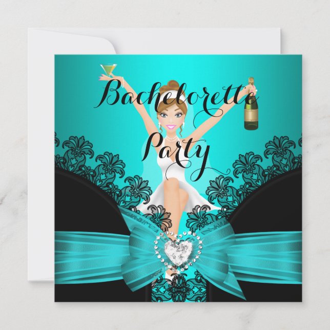 Roligten Bachelorette Party Teal Blue Black Snöre Inbjudningar (Framsida)