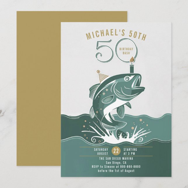 Roligten Big Fish Grönt Manar 50:e födelsedagen Inbjudningar (Fram/baksida)