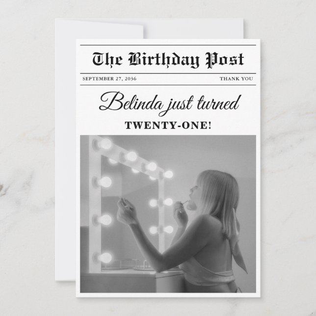 Roligten Black & White Photo Birthday Newspaper Tack Kort (Framsida)