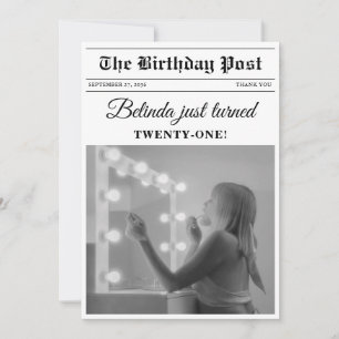 Roligten Black & White Photo Birthday Newspaper Tack Kort