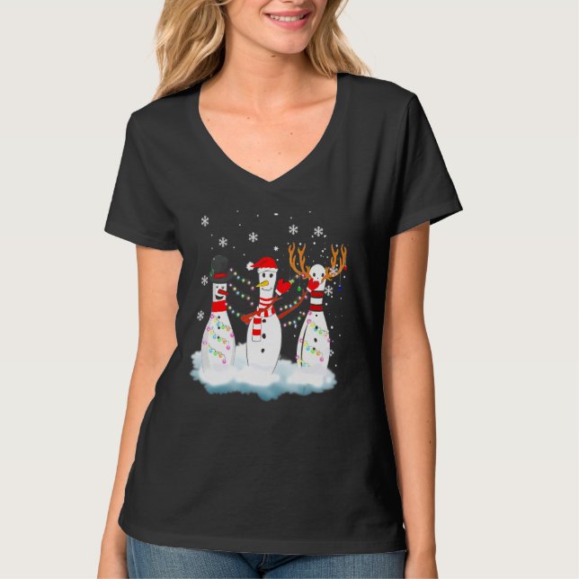 Roligten Bowling jul Pajama Ljus Reindeer Santa  T Shirt (Framsida)
