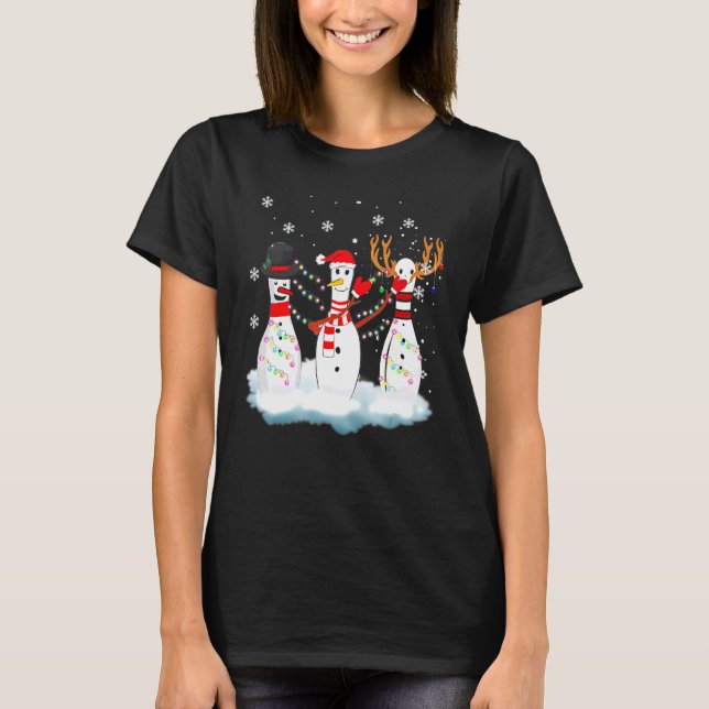Roligten Bowling jul Pajama Ljus Reindeer Santa  T Shirt (Framsida)