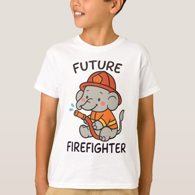 Roligten Cute Elephant Future Firefighter Kids T Shirt (Framsida)