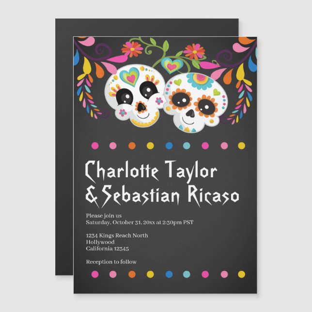 Roligten Day of the dead  i sockerskull Färgfull B Magnetisk Inbjudningskort (Fram/baksida)