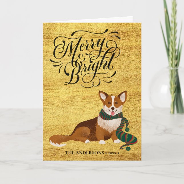 Roligten elegant Script MERRY och BRIGHT Cute Corg Helgkort (Framsida)