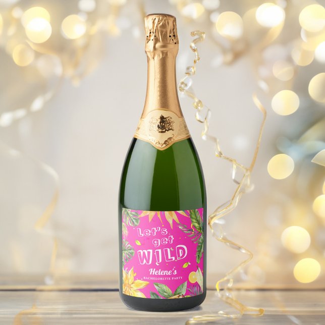 Roligten för Rosa av Tropical Beach i Girly-partie (Pink Tropical Bachelorette Party Sparkling Wine Label)