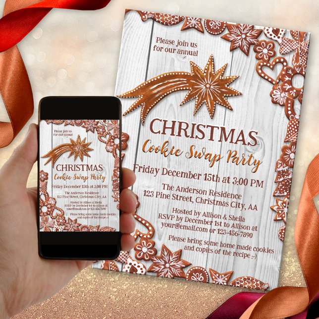 Roligten Gingerbröd vid jul-nybörjare Inbjudningar (A fun gingerbread Christmas invitation with cookies on a simple wood background)