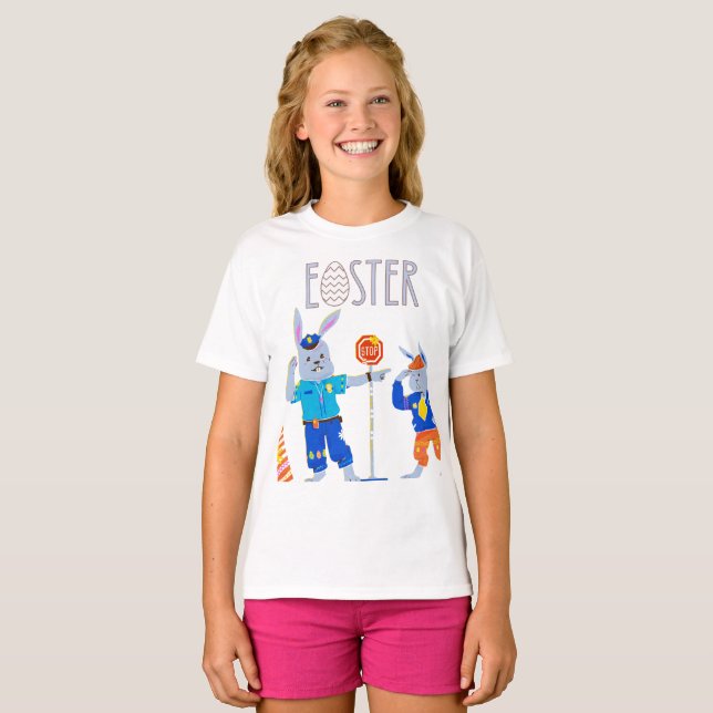 roligten "Glad påsk" Bunny Crossing Stop Sign T Shirt (Hel framsida)