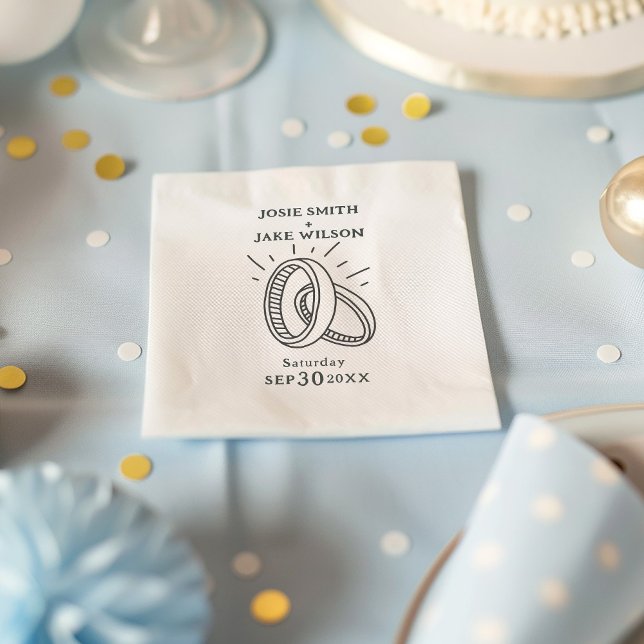 Roligten illustrerade bröllop ringar pappersservett (Charming napkins with illustration of two wedding rings, symbolizing unity and everlasting love)