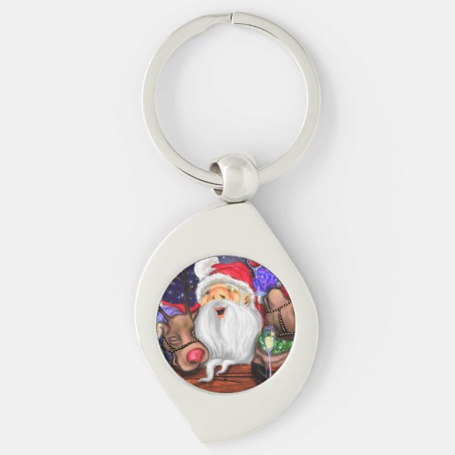 Roligten julklapp Gift Santa and Reindeers Swirl Silverfärgad Nyckelring (Framsidan)