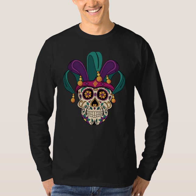 Roligten Mardi Gras Sugar Skull Coola Mörk  T Shirt (Framsida)