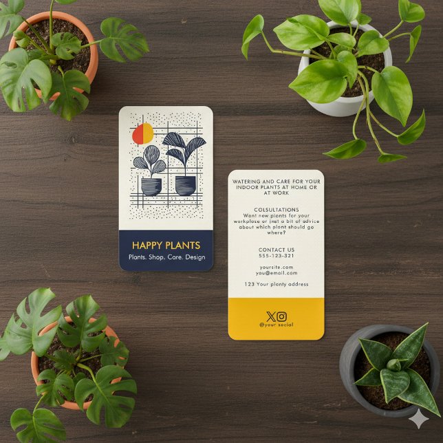 Roligten Modern House Plant Gult and Navy Visitkort (Mid Century fun Modern House Plant Yellow and Navy bold Business Card.)