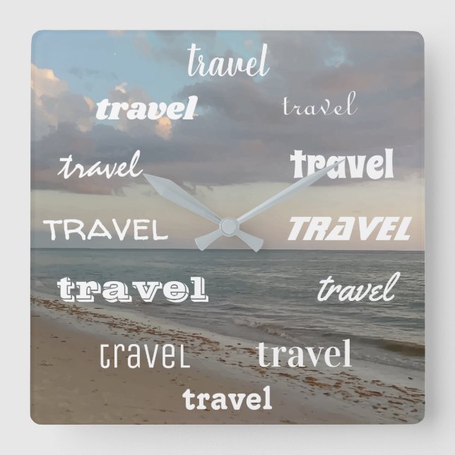 ROLIGTEN Travel Ord Skriv ut Beach Bild Fyrkantig Klocka (Framsida)