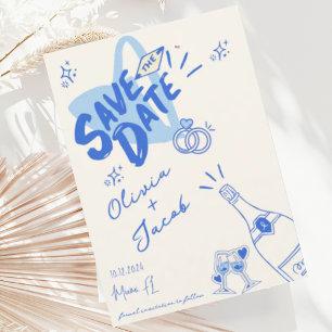 Roligten Trendig Hand plockade Blue Scribble Spara Inbjudningar