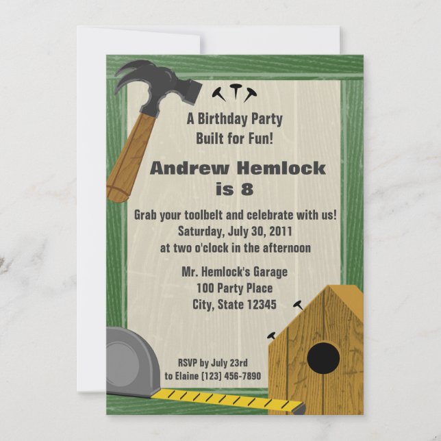 Roligten Wood Craft Byggnad Birthday Inbjudningar (Framsida)