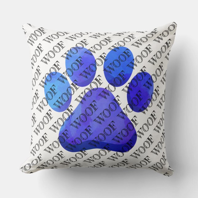 ROLIGTEN WOOF Typography Blue Paw Print Modern Hun Kudde (Framsida)