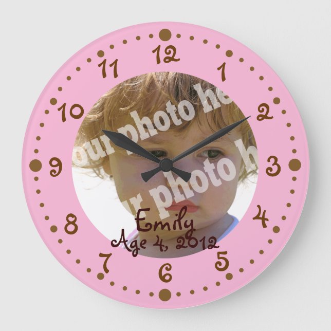Roligtens Rosa och brunt lägg till foto-locket med Stor Klocka (Framsida)