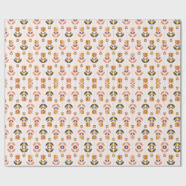 Rolled pink floral wrapping paper with a repeated  presentpapper
