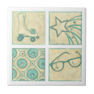 Roller Rink Woodblock Teckning av Chariklia Zarris Kakelplatta