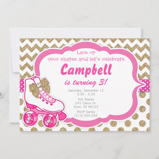 Roller Skate Glitter Guld och Rosa Birthday Inbjud Inbjudningar (Framsida)