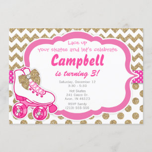 Roller Skate Glitter Guld och Rosa Birthday Inbjud Inbjudningar