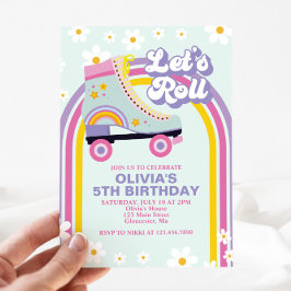 Roller skate Retro Rainbow Birthday Inv Inbjudningar