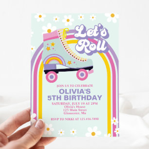 Roller skate Retro Rainbow Birthday Inv Inbjudningar